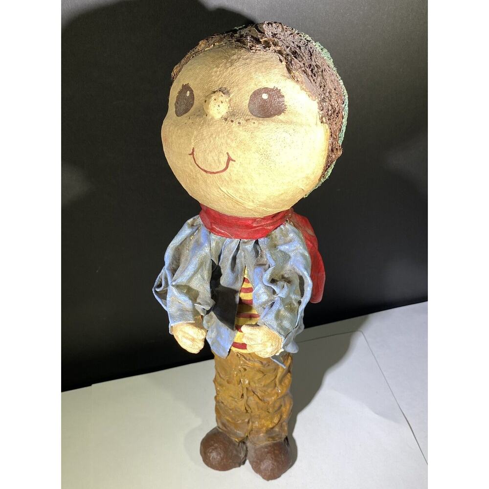14” Christmas Folk Art Boy Made on Soda Bottle In Scarf Caroling